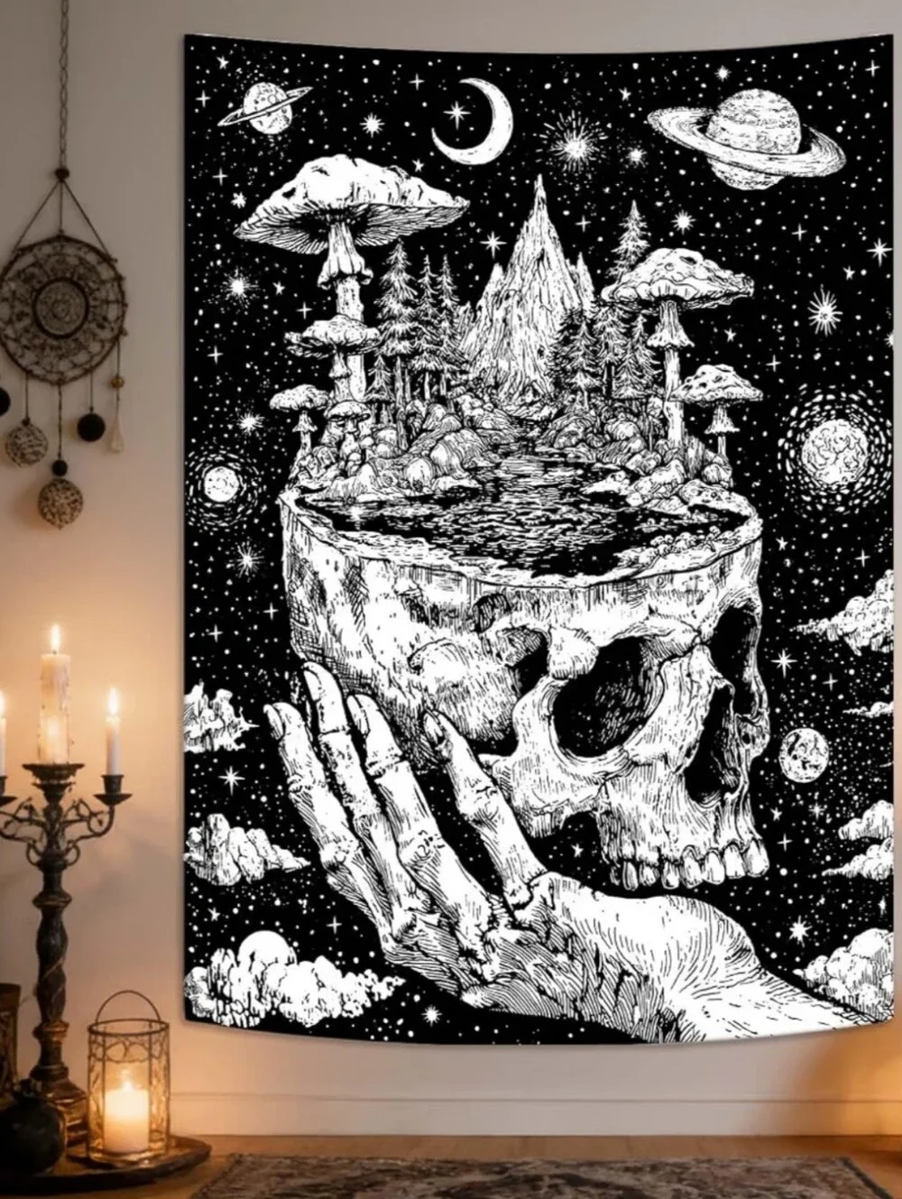 Hand Holding Skull Black White Mushroom Moon Dark Fantasy Goth Big Wall Tapestry